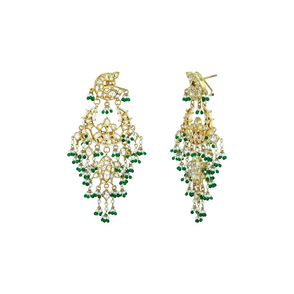 Floral Polki Earrings with Cascading Emerald and Pearl Beads